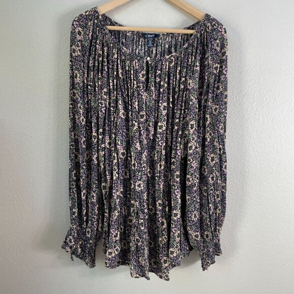 Chaps Womens Plus 2X Floral Blouse Crinkle Boho Long Sleeve Shirt Top - Picture 7 of 10